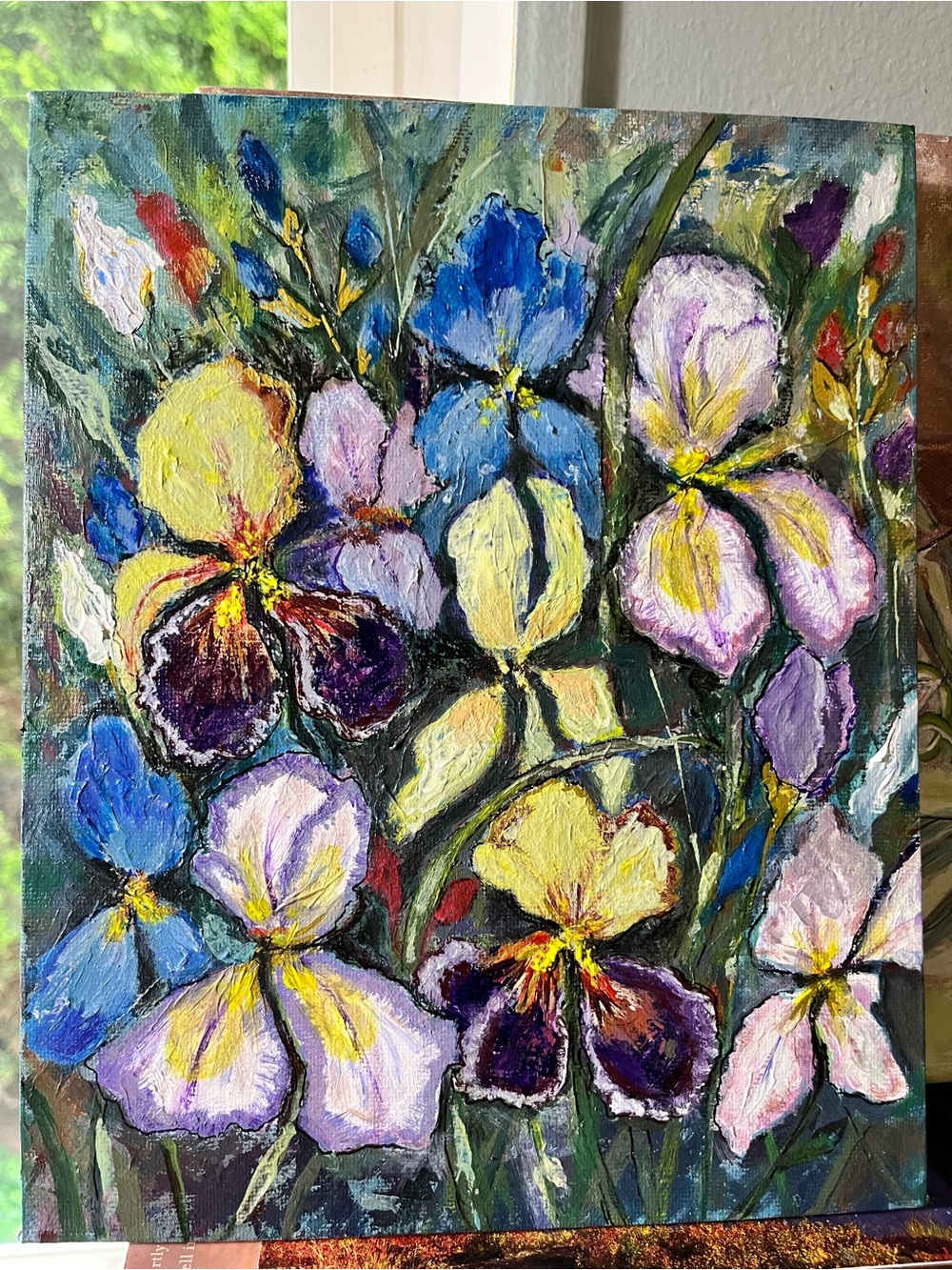 Original acrylic painting of iris garden 8”x10”